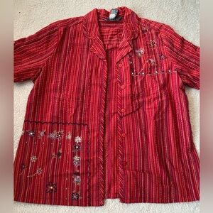 Red Striped Floral Embroidered Shirt Collared Textured Unique Grandma style